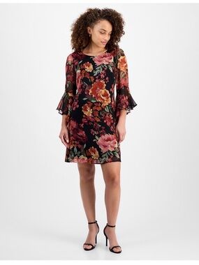 Floral Sheath Sleeve Dress - Black with Floral Print. Size 8P. NWT